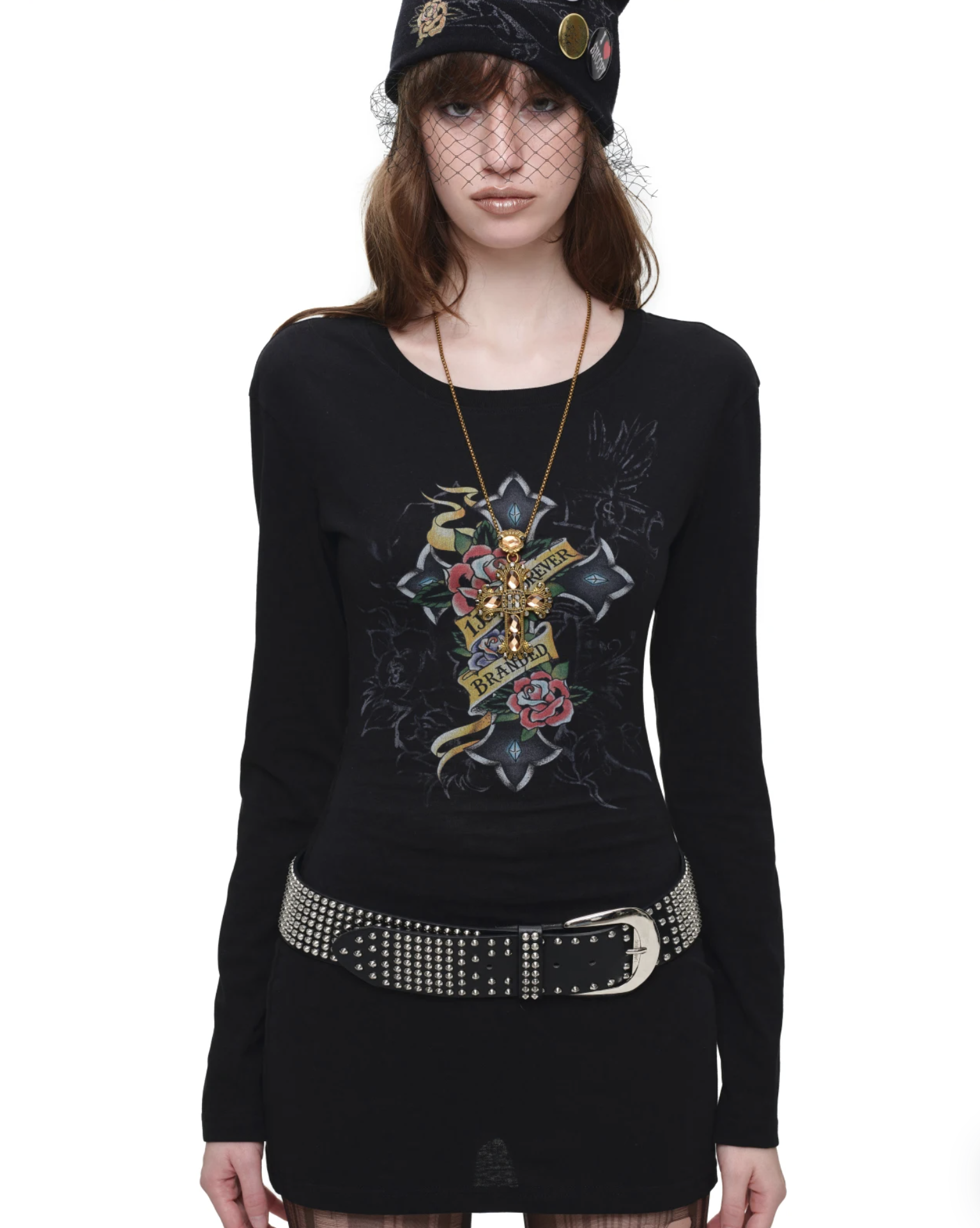 IN STOCK ♱ 1JINN VINTAGE TATTOO CROSS & ROSE OPEN-BACK LONGLINE TOP or MINI DRESS - BLACK - Image 8
