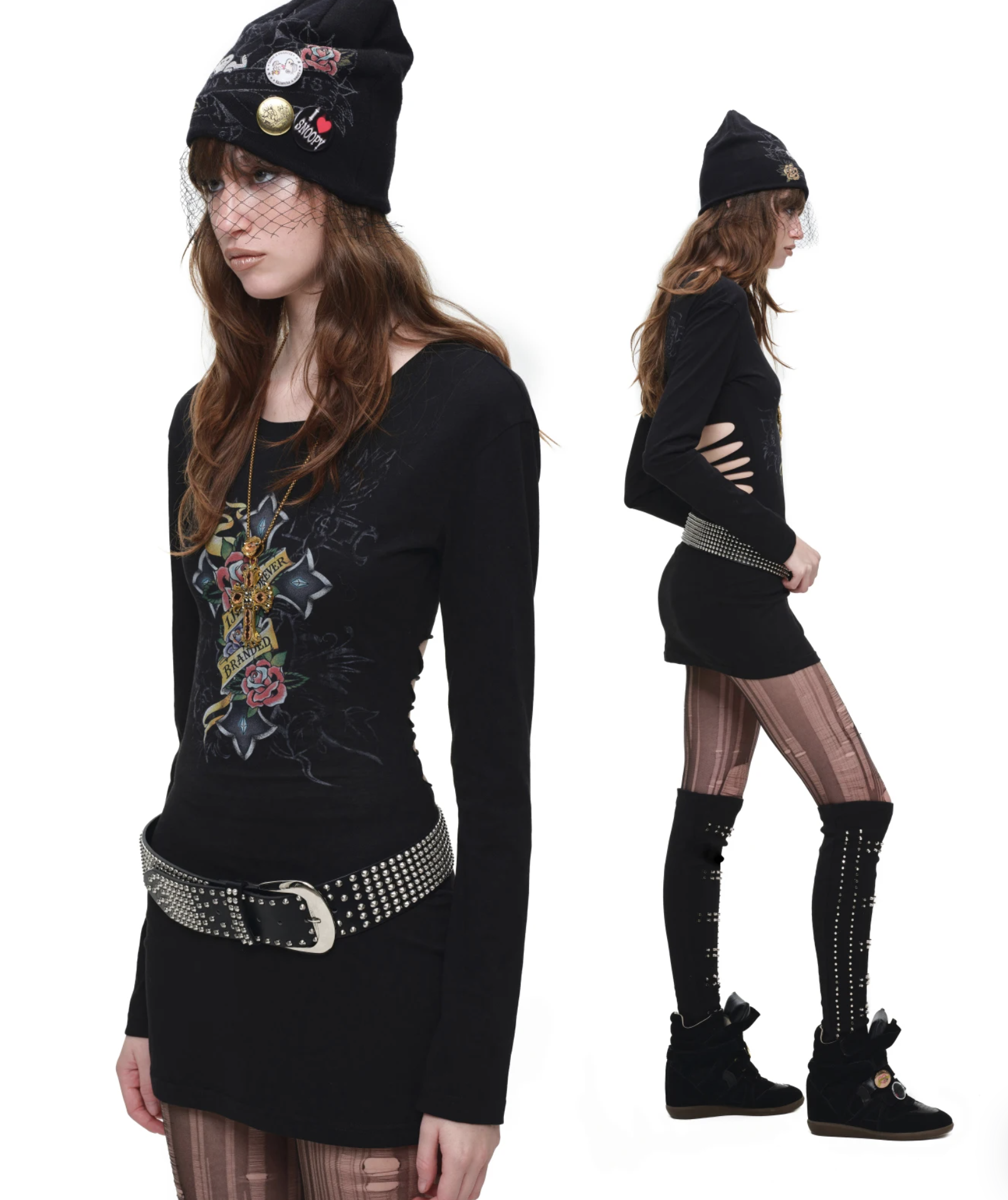 IN STOCK ♱ 1JINN VINTAGE TATTOO CROSS & ROSE OPEN-BACK LONGLINE TOP or MINI DRESS - BLACK - Image 9