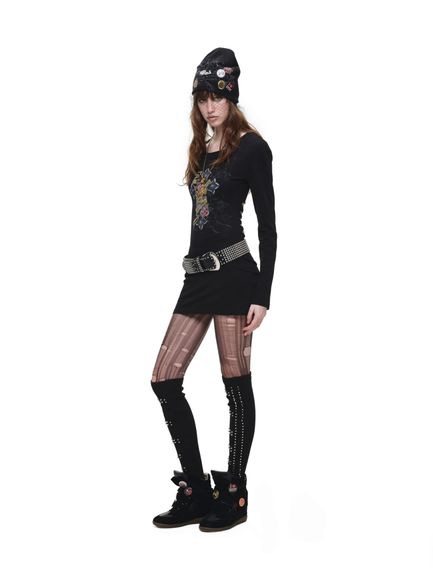 IN STOCK ♱ 1JINN VINTAGE TATTOO CROSS & ROSE OPEN-BACK LONGLINE TOP or MINI DRESS - BLACK - Image 10