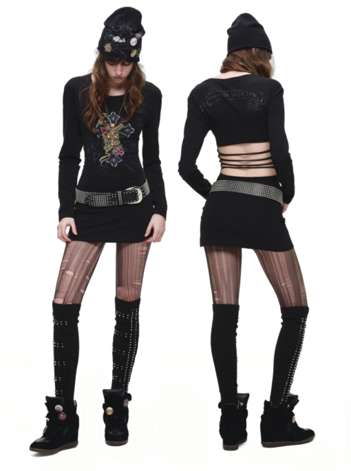 IN STOCK ♱ 1JINN VINTAGE TATTOO CROSS & ROSE OPEN-BACK LONGLINE TOP or MINI DRESS - BLACK