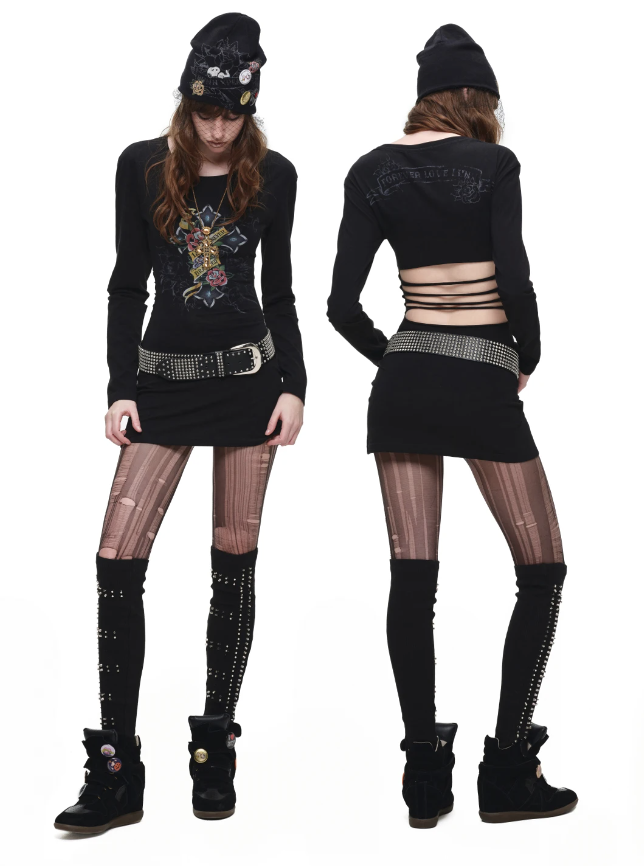 IN STOCK ♱ 1JINN VINTAGE TATTOO CROSS & ROSE OPEN-BACK LONGLINE TOP or MINI DRESS - BLACK