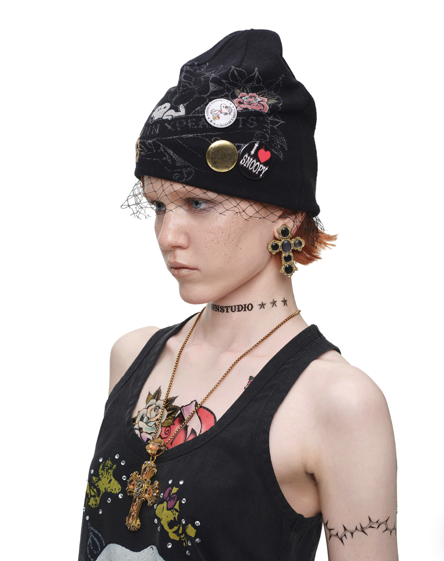 IN STOCK ♱ 1JINN TATTOO SNOOPY GRAPHIC BEANIE WITH PIN SET - BLACK - Image 4