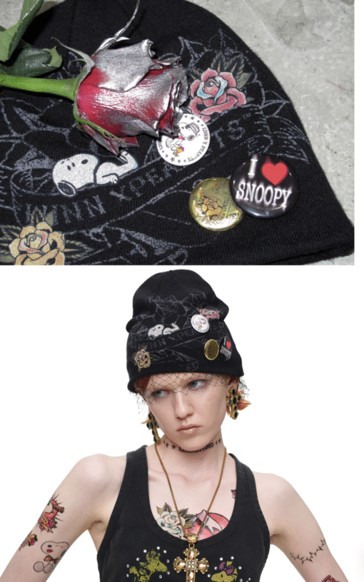 IN STOCK ♱ 1JINN TATTOO SNOOPY GRAPHIC BEANIE WITH PIN SET - BLACK