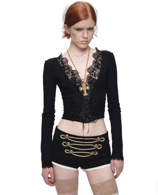IN STOCK ♱ 1JINN ROSE LACE TRIM RIB KNIT TOP - BLACK