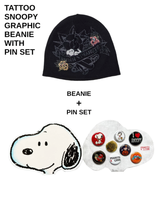 Alternative view of IN STOCK ♱ 1JINN TATTOO SNOOPY GRAPHIC BEANIE WITH PIN SET - BLACK