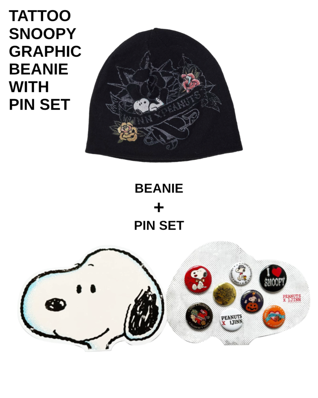 IN STOCK ♱ 1JINN TATTOO SNOOPY GRAPHIC BEANIE WITH PIN SET - BLACK - Image 2