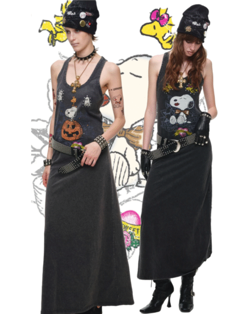 IN STOCK ♱ 1JINN x SNOOPY ੯‧̀͡⬮ PUMPKIN & SNOOPY VINTAGE GRAPHIC LONG TANK DRESS - 2colors