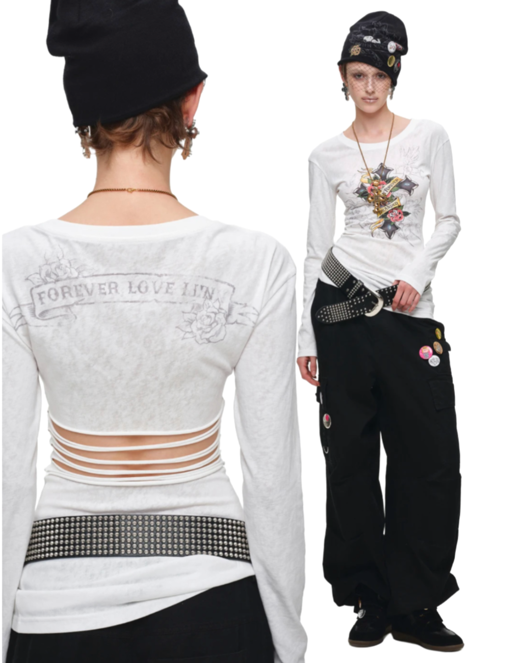 IN STOCK ♱ 1JINN VINTAGE TATTOO CROSS & ROSE OPEN-BACK LONGLINE TOP or MINI DRESS - 2colors
