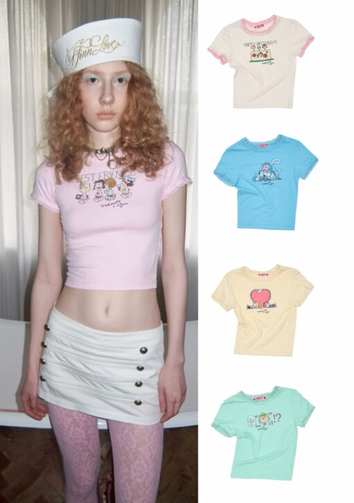 ♱ 1JINN x SNOOPY ੯‧̀͡⬮ PEANUTS LACE-TRIM BABY TEE - 5colors