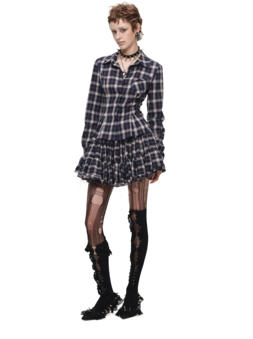 ♱ GRUNGE CHECK SHIRT & MINI SKIRT - NAVY BLUE PLAID