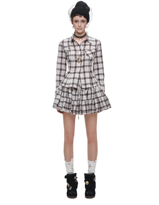 ♱ GRUNGE CHECK SHIRT & MINI SKIRT - BEIGE PLAID SHIRT