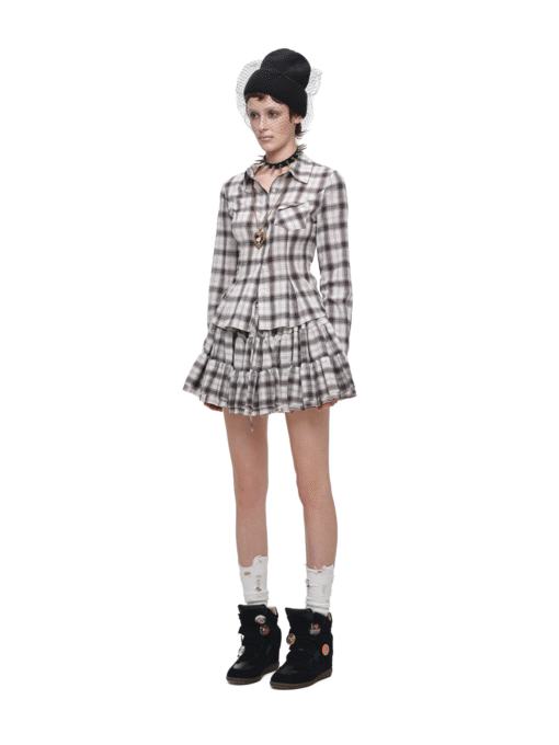 Alternative view of ♱ GRUNGE CHECK SHIRT & MINI SKIRT - BEIGE PLAID SHIRT