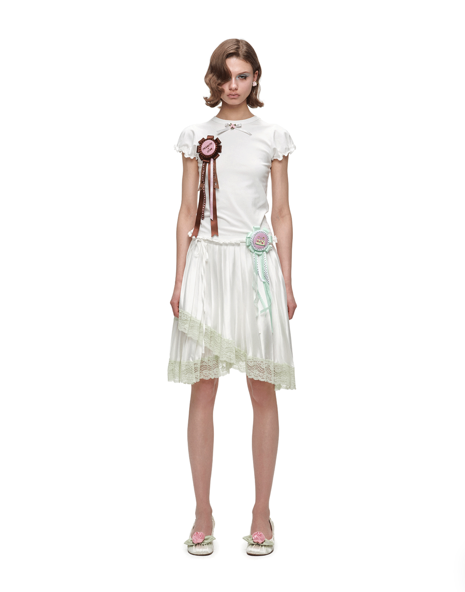 ♱ 1JINN x SNOOPY ੯‧̀͡⬮ ASYMMETRIC LACE PLEATED MIDI SKIRT - 3colors - Image 6