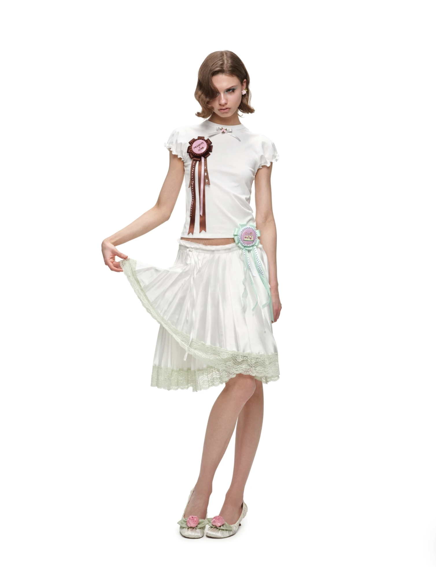 ♱ 1JINN x SNOOPY ੯‧̀͡⬮ ASYMMETRIC LACE PLEATED MIDI SKIRT - 3colors - Image 24