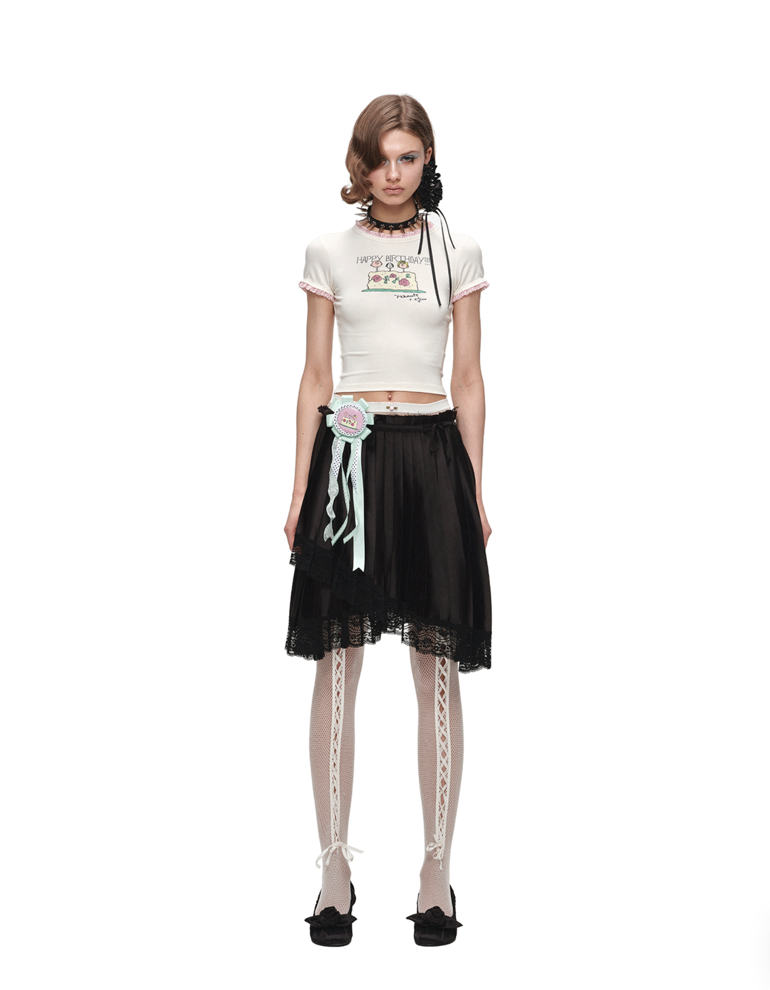 ♱ 1JINN x SNOOPY ੯‧̀͡⬮ ASYMMETRIC LACE PLEATED MIDI SKIRT - 3colors - Image 8