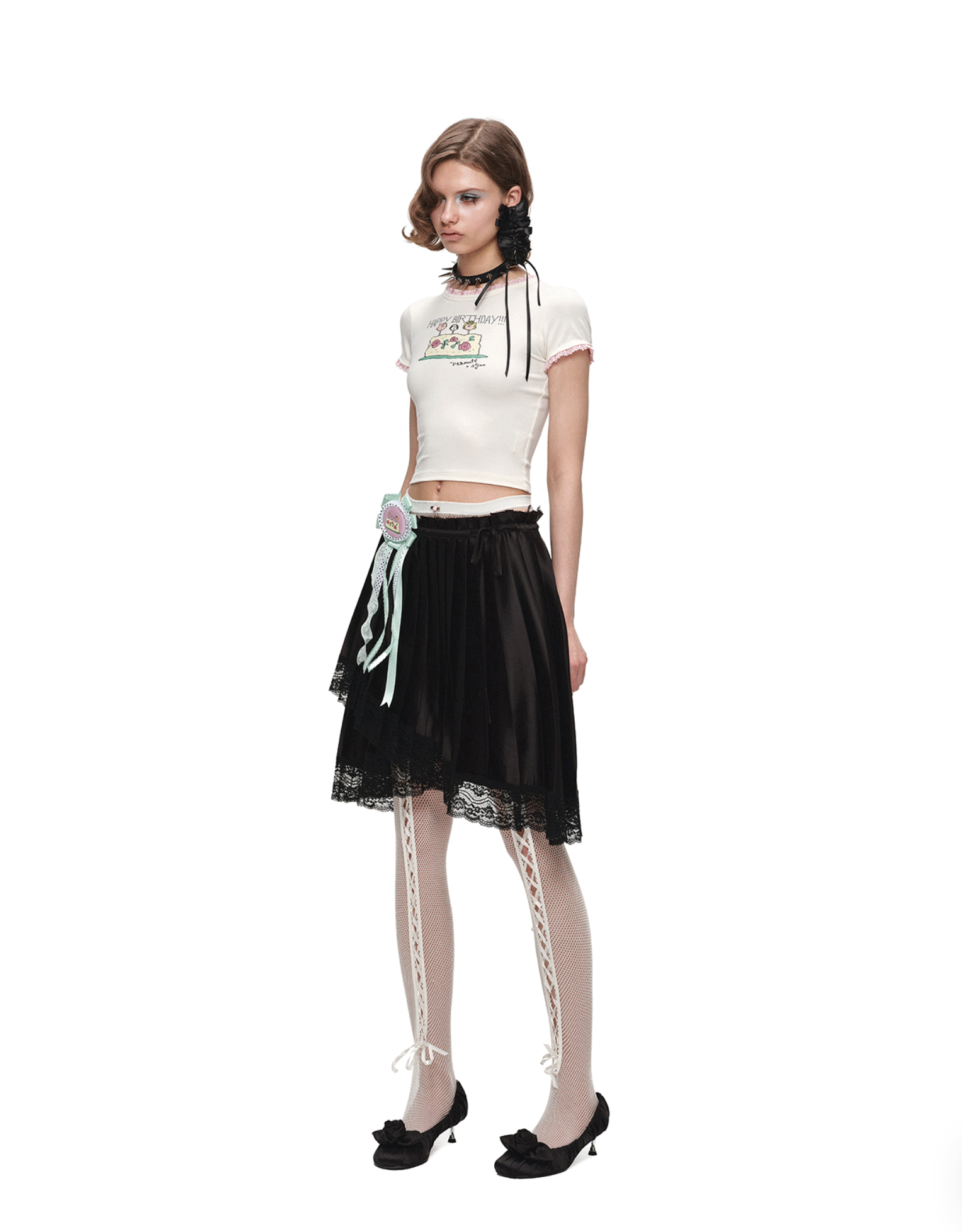 ♱ 1JINN x SNOOPY ੯‧̀͡⬮ ASYMMETRIC LACE PLEATED MIDI SKIRT - 3colors - Image 35