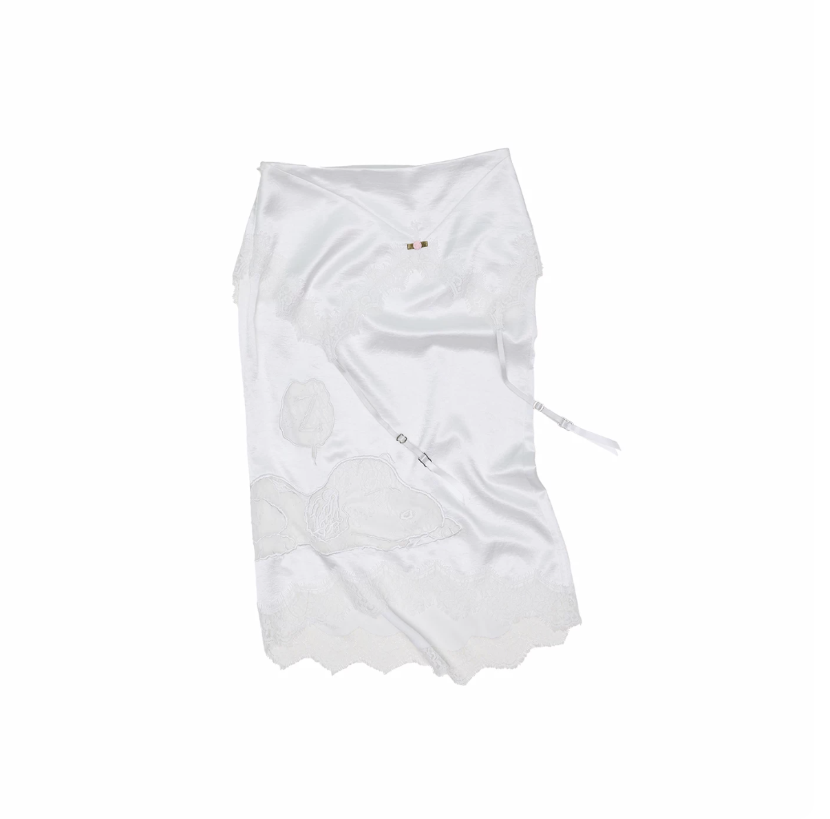 ♱ 1JINN x SNOOPY ੯‧̀͡⬮ SLEEPING SNOOPY DOG ASYMMETRIC LACE SATIN MIDI SKIRT - Image 7
