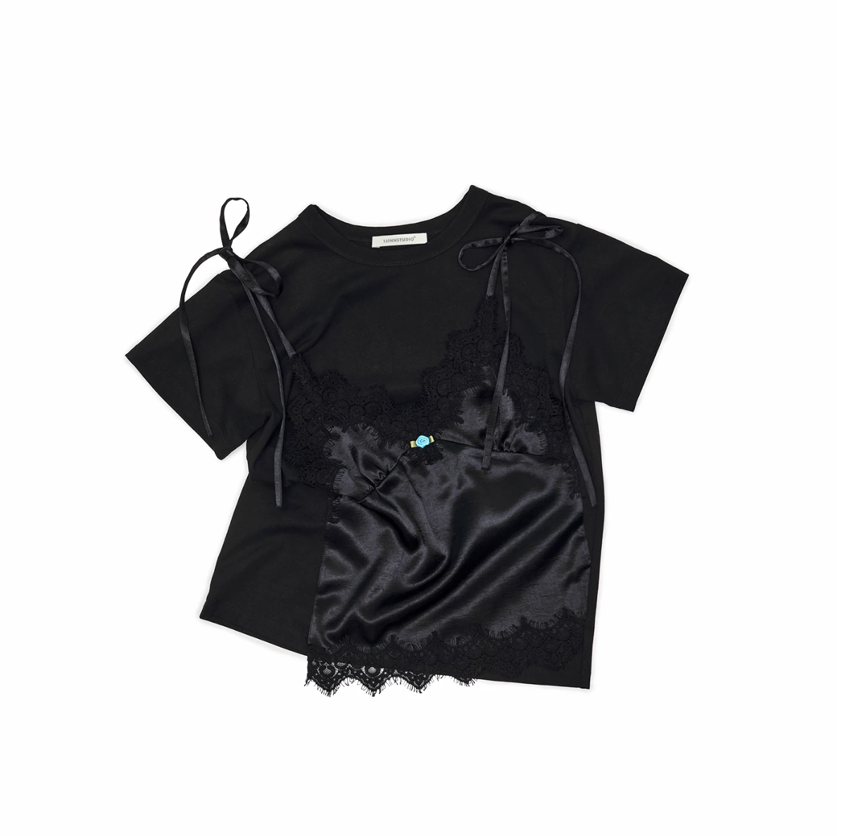 ♱ 1JINN x SNOOPY ੯‧̀͡⬮ LACE SATIN LAYERED T-SHIRT - 2colors - Image 22