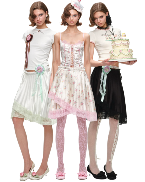♱ 1JINN x SNOOPY ੯‧̀͡⬮ ASYMMETRIC LACE PLEATED MIDI SKIRT - 3colors