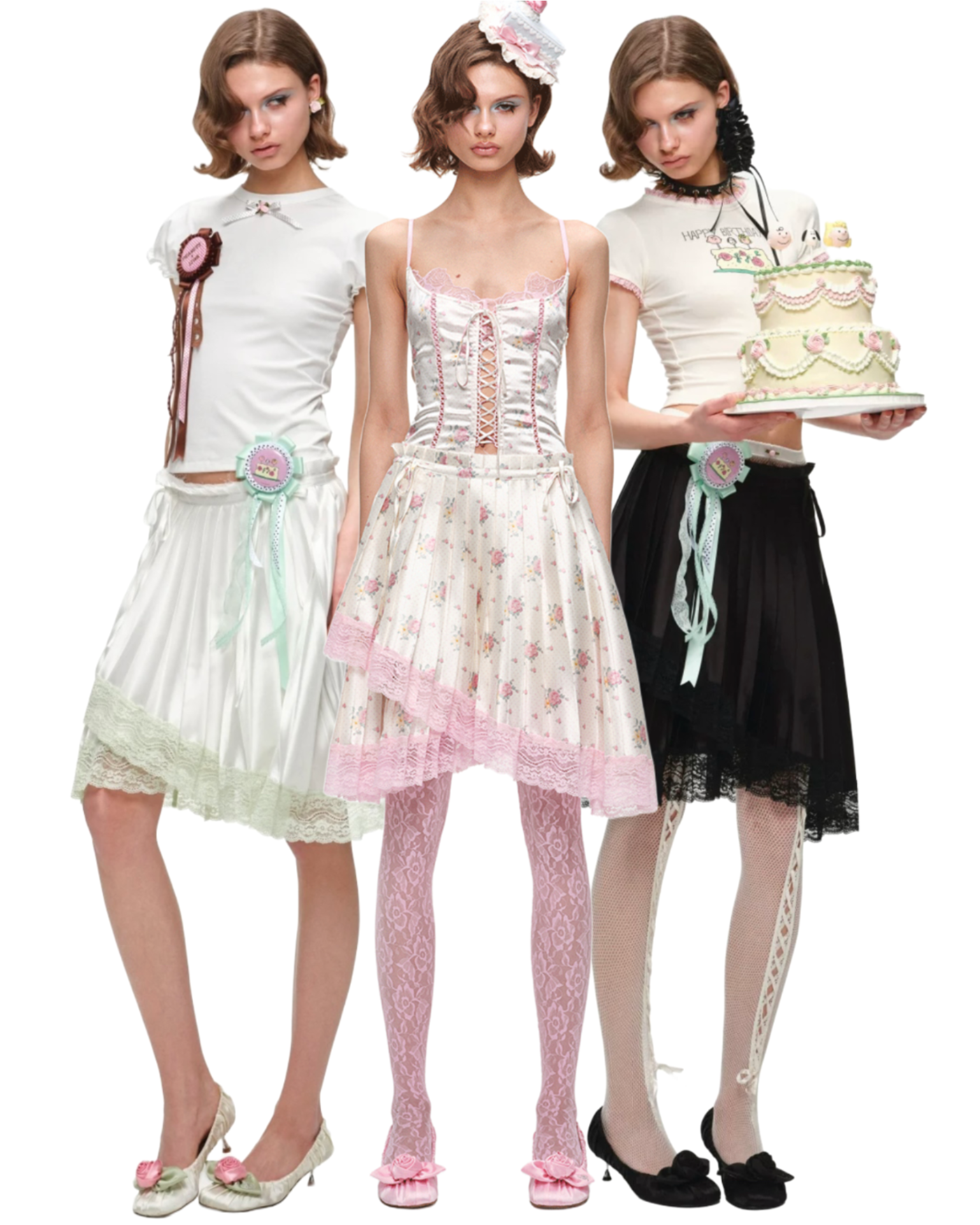 ♱ 1JINN x SNOOPY ੯‧̀͡⬮ ASYMMETRIC LACE PLEATED MIDI SKIRT - 3colors