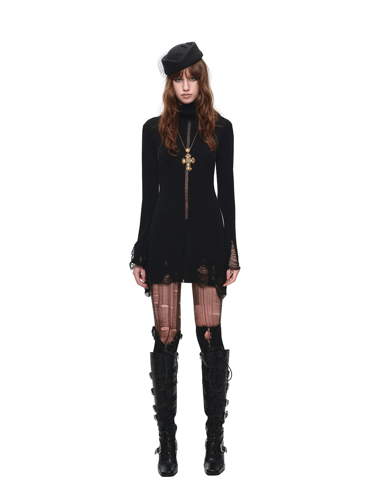 1jinn acetate high neck distressed knit dress 2