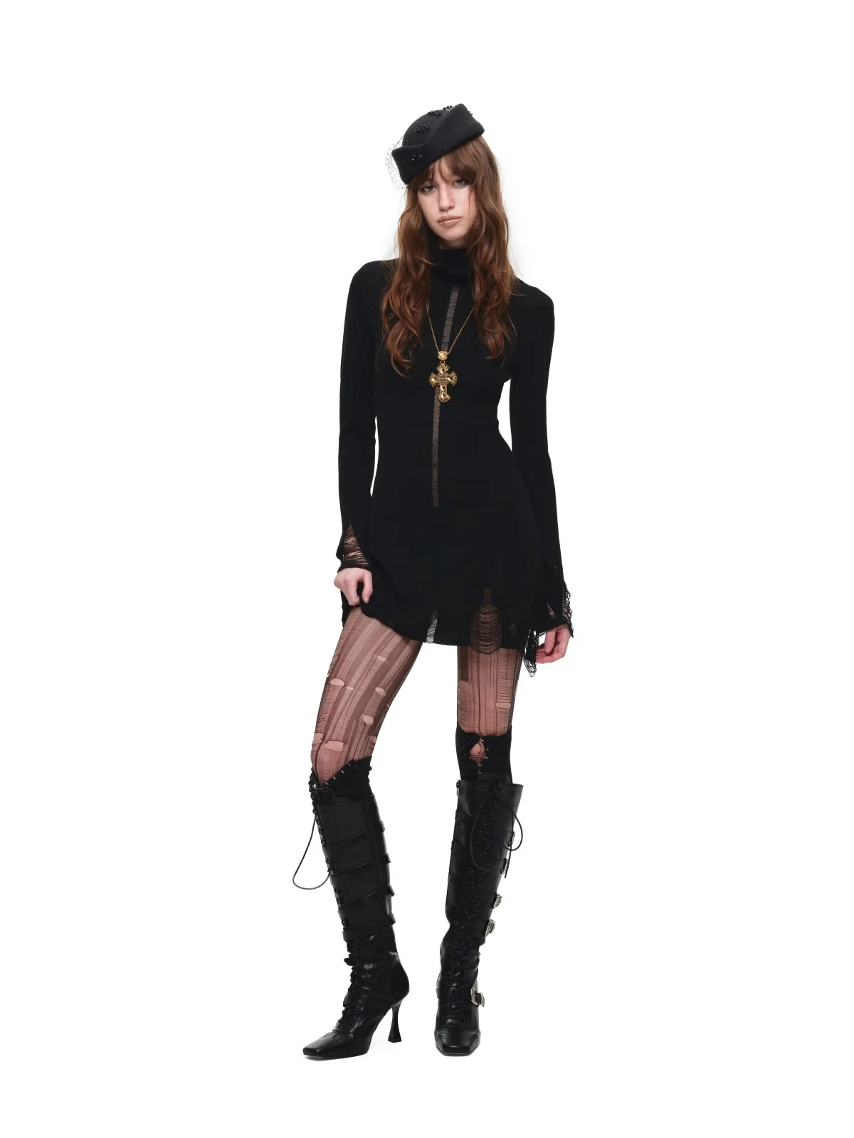 1jinn acetate high neck distressed knit dress 3
