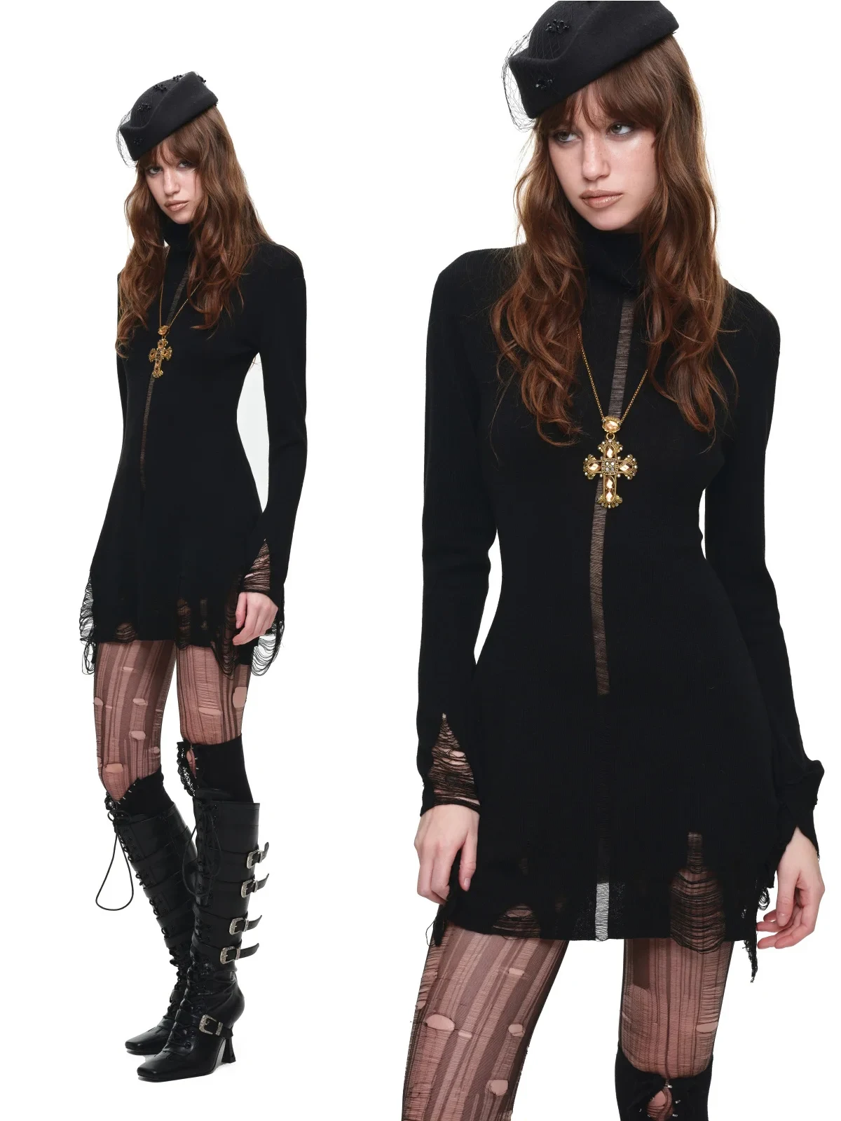 1jinn acetate high neck distressed knit dress 4
