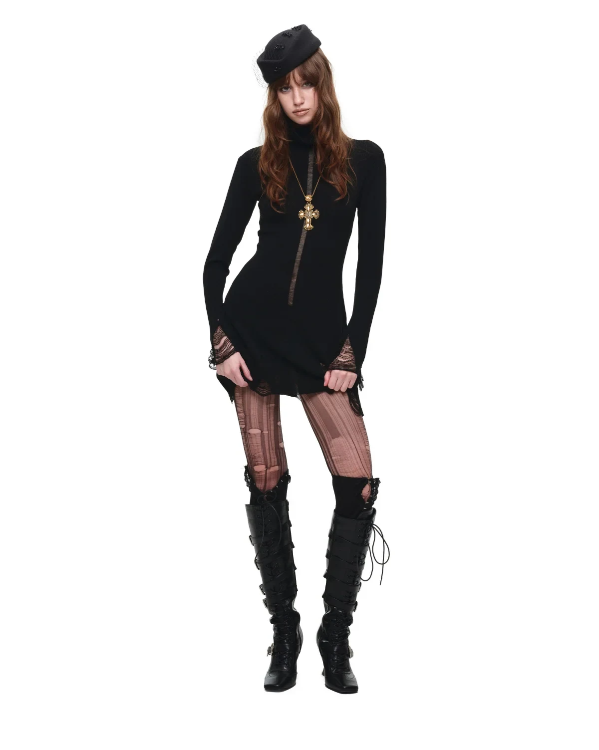 1jinn acetate high neck distressed knit dress 6