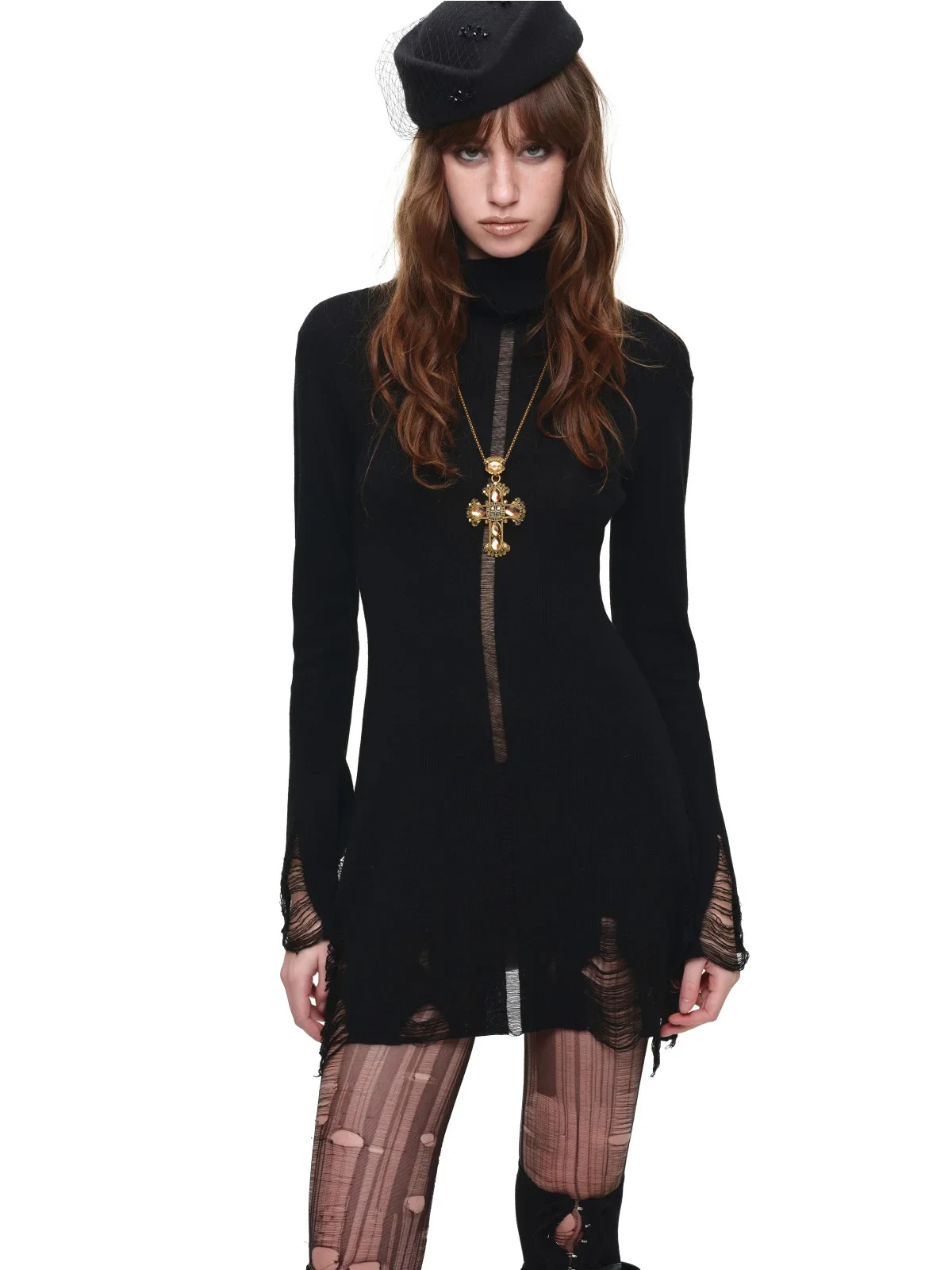 1jinn acetate high neck distressed knit dress 7