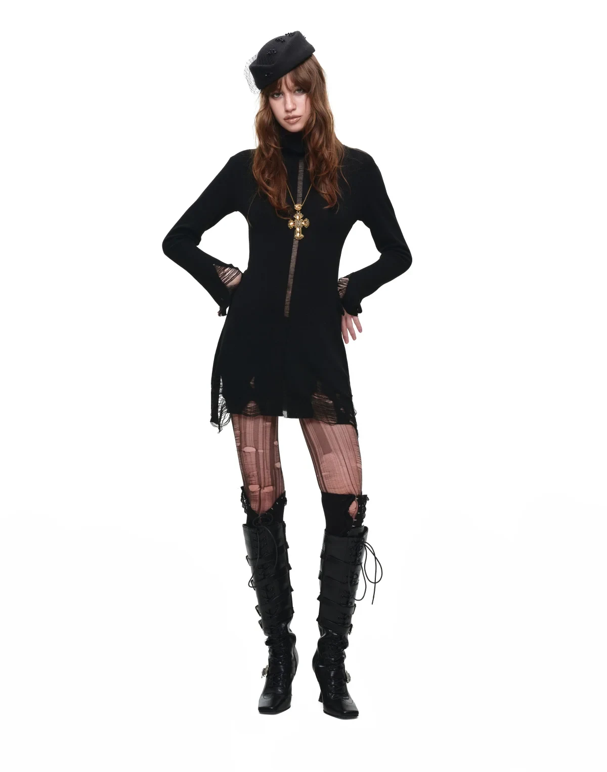 1jinn acetate high neck distressed knit dress 9
