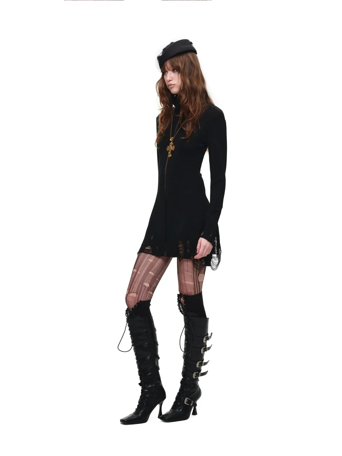 1jinn acetate high neck distressed knit dress 11