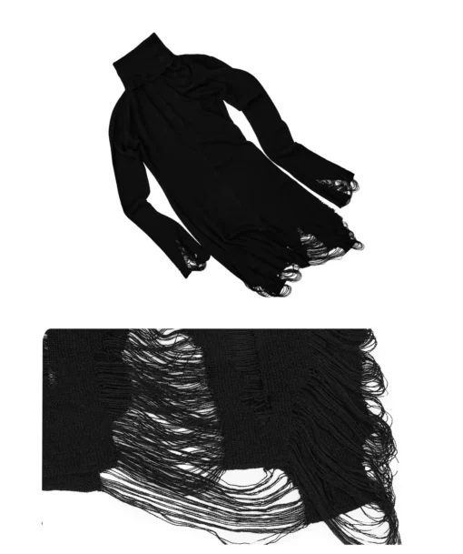 1jinn acetate high neck distressed knit dress packshot and fabric detail