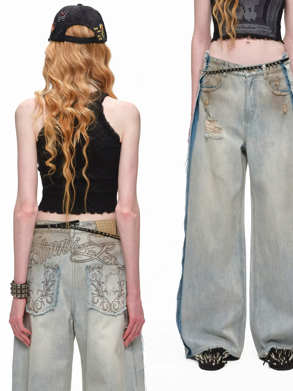 1JINN distressed mud-dyed wide-leg jeans