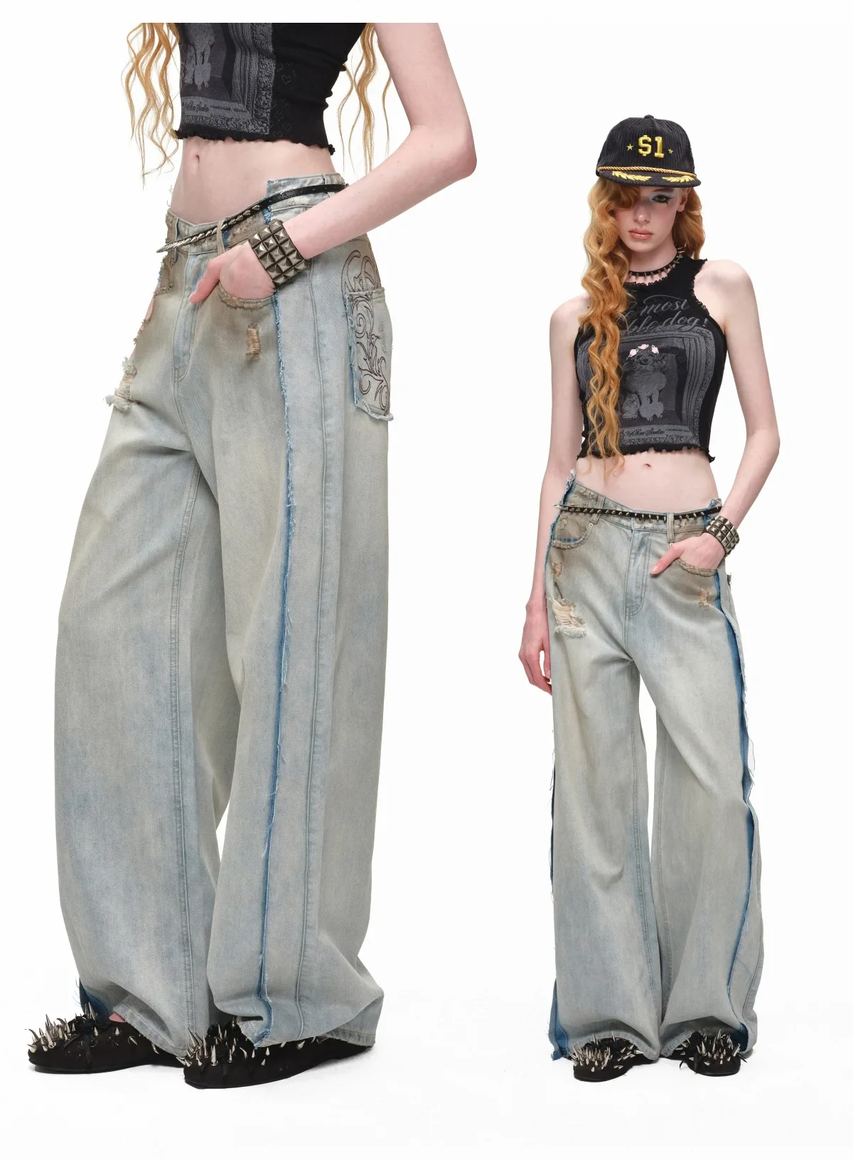 1JINN distressed mud-dyed wide-leg jeans