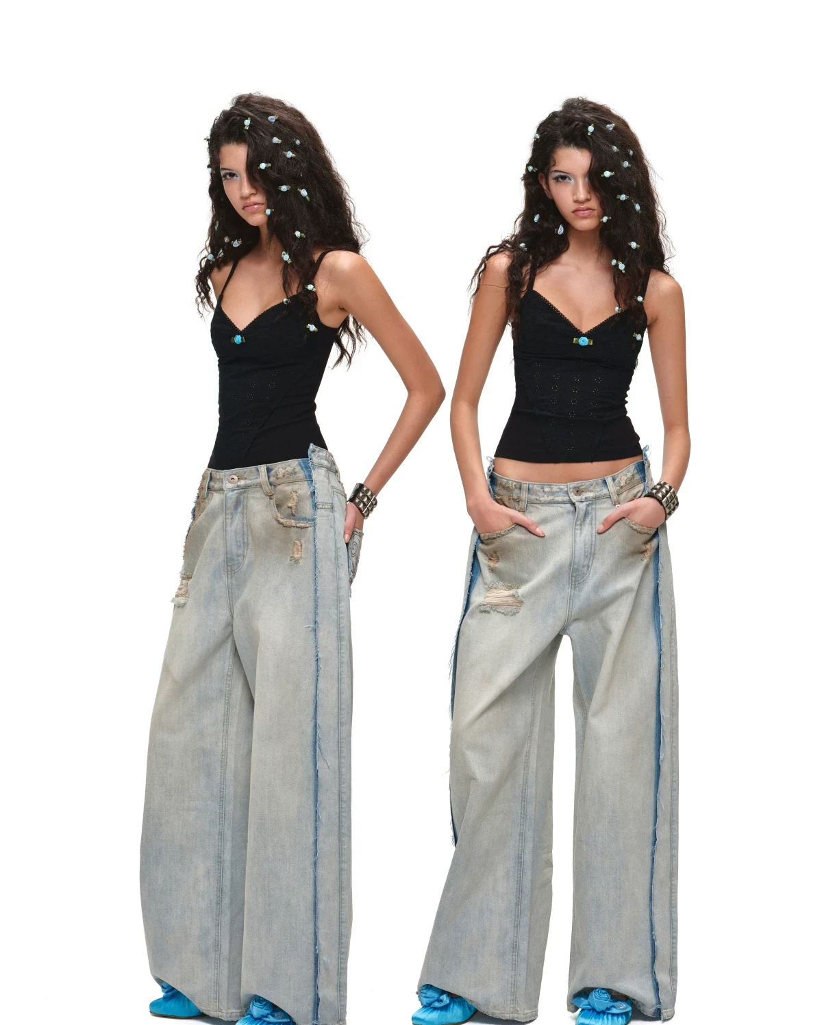 1JINN distressed mud-dyed wide-leg jeans