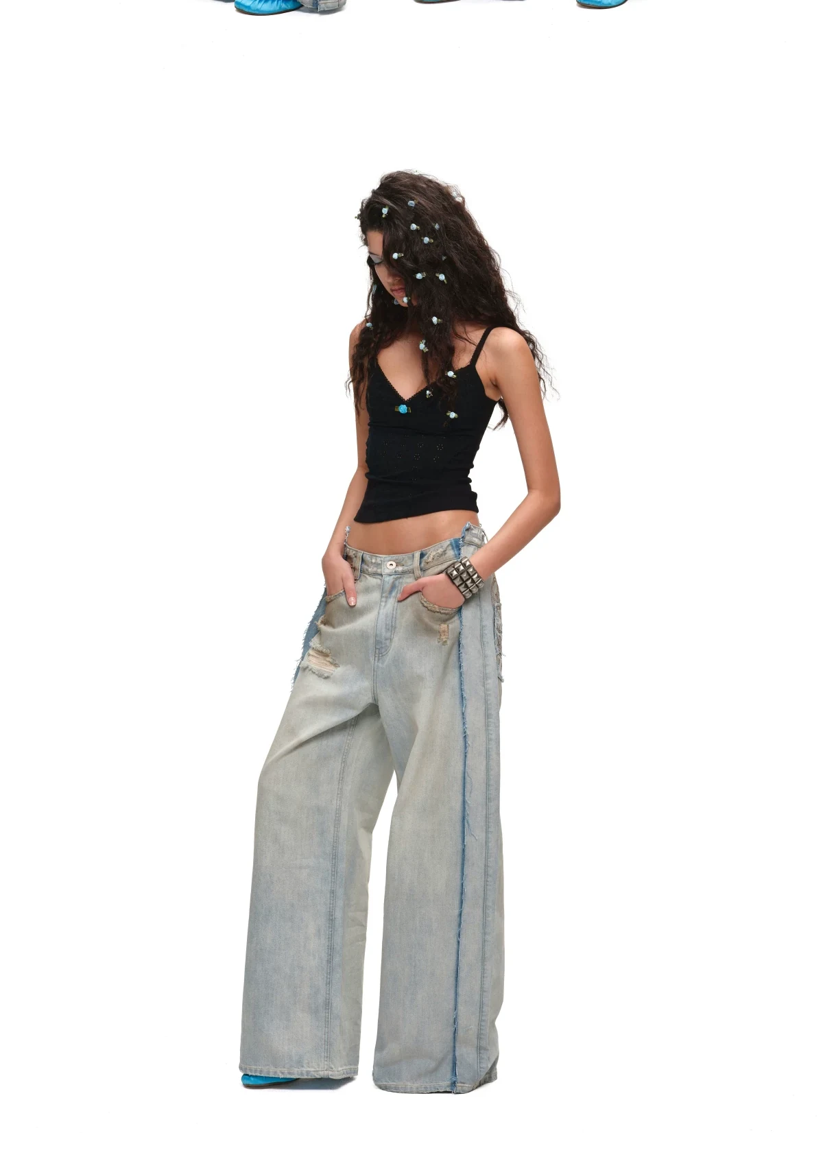 1JINN distressed mud-dyed wide-leg jeans