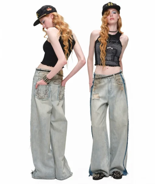 1jinn distressed mud dyed wide leg jeans
