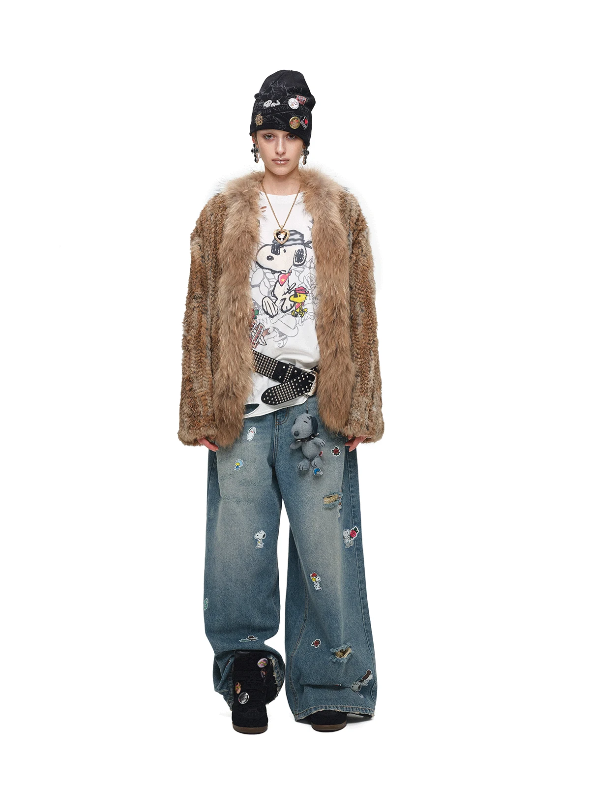 1jinn hand woven rabbit fur coat raccoon collar 4