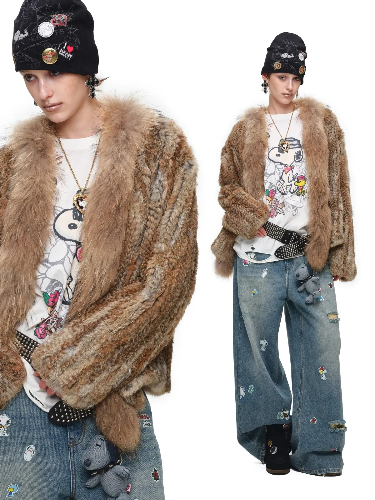 1jinn hand woven rabbit fur coat raccoon collar 11