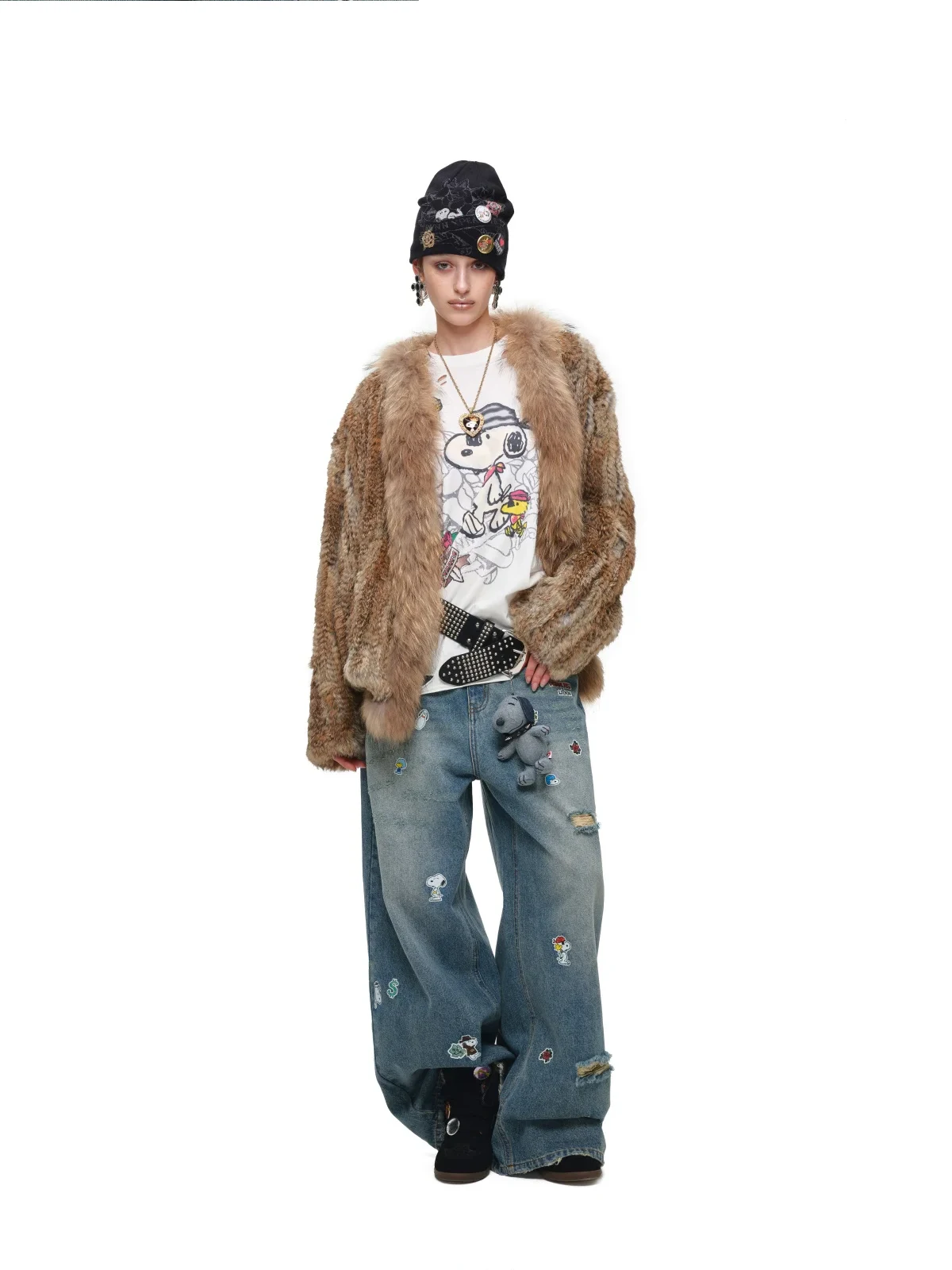 1jinn hand woven rabbit fur coat raccoon collar 12