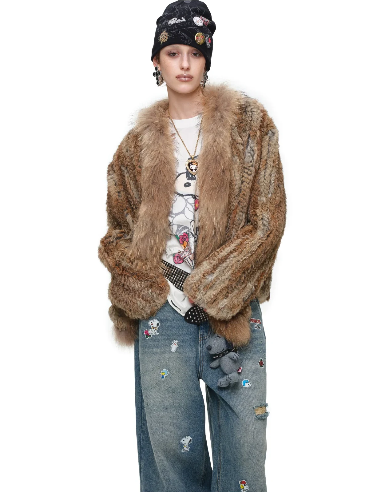1jinn hand woven rabbit fur coat raccoon collar 13