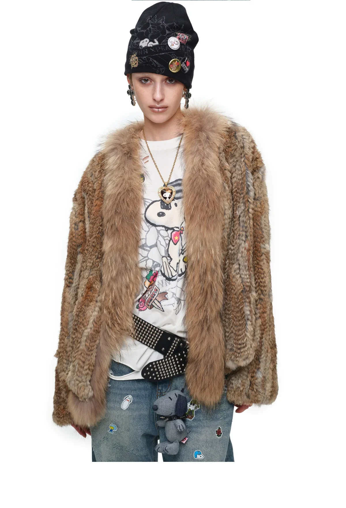 1jinn hand woven rabbit fur coat raccoon collar 14