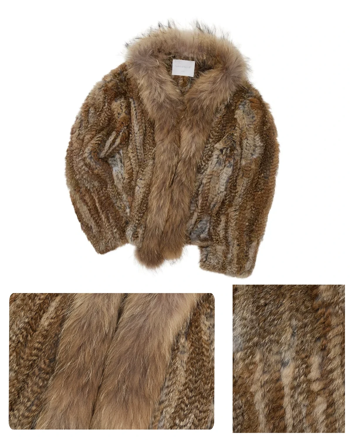 1jinn hand woven rabbit fur coat raccoon collar packshot and fabric detail