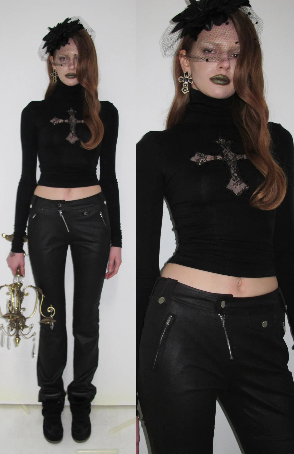 1JINN lace cross rhinestone turtleneck