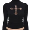 1JINN lace cross rhinestone turtleneck