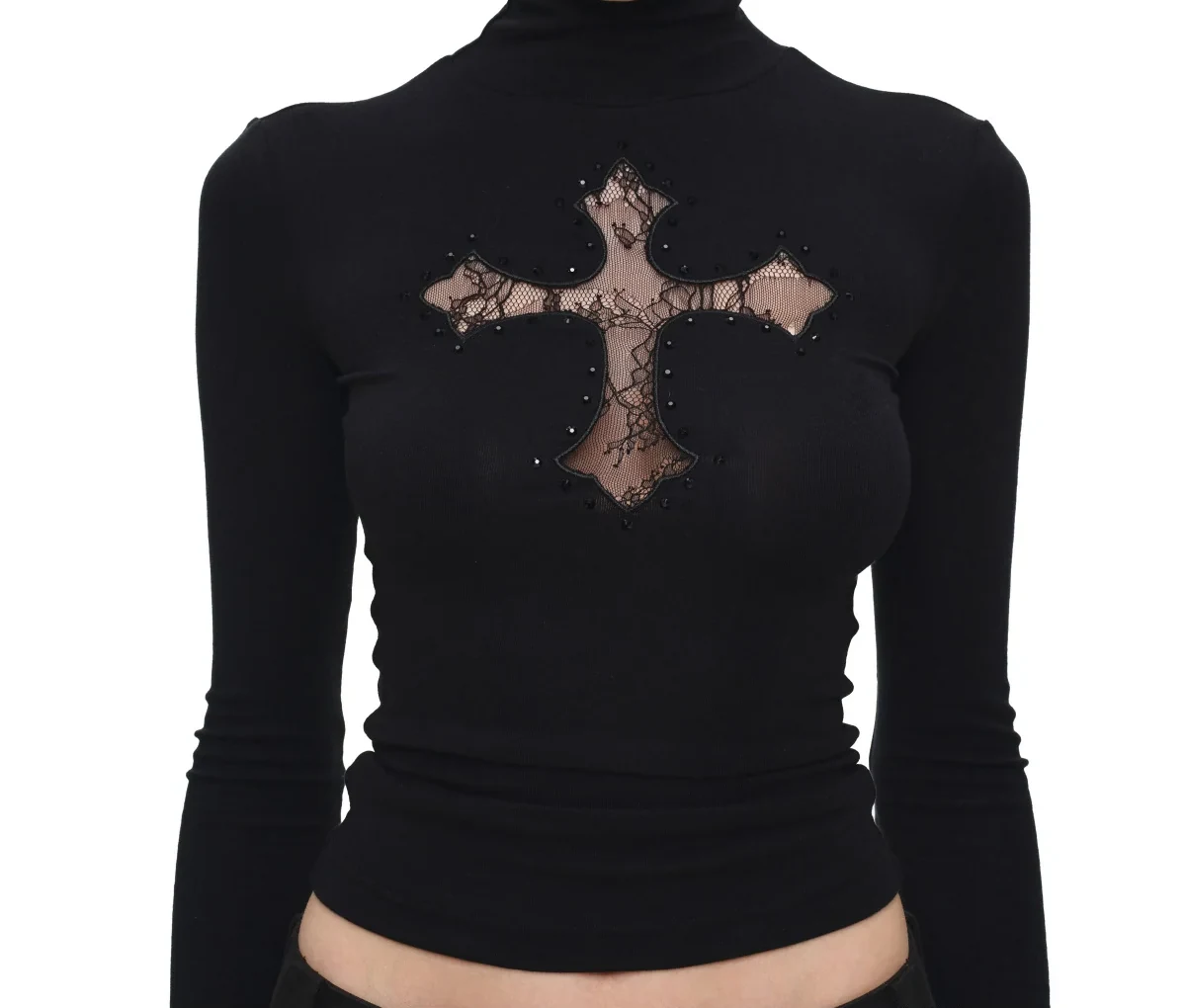 1JINN lace cross rhinestone turtleneck