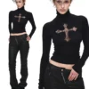 1JINN lace cross rhinestone turtleneck