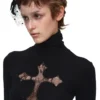 1JINN lace cross rhinestone turtleneck