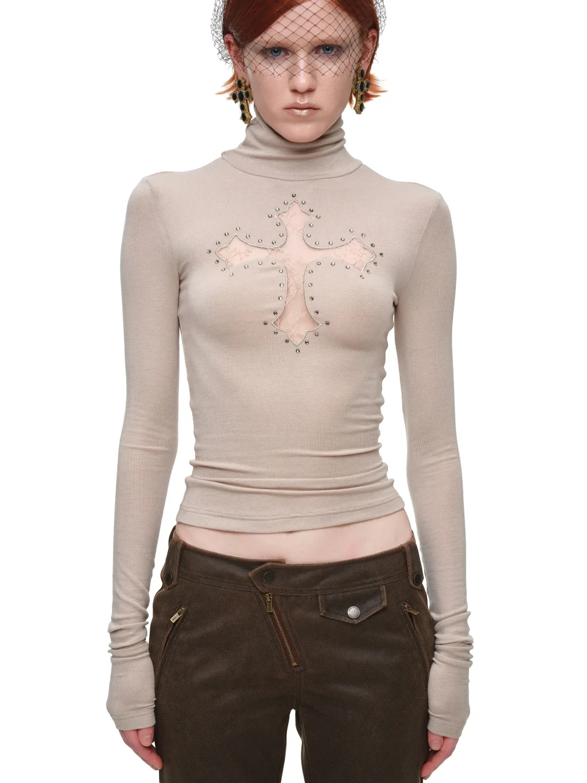 1JINN lace cross rhinestone turtleneck