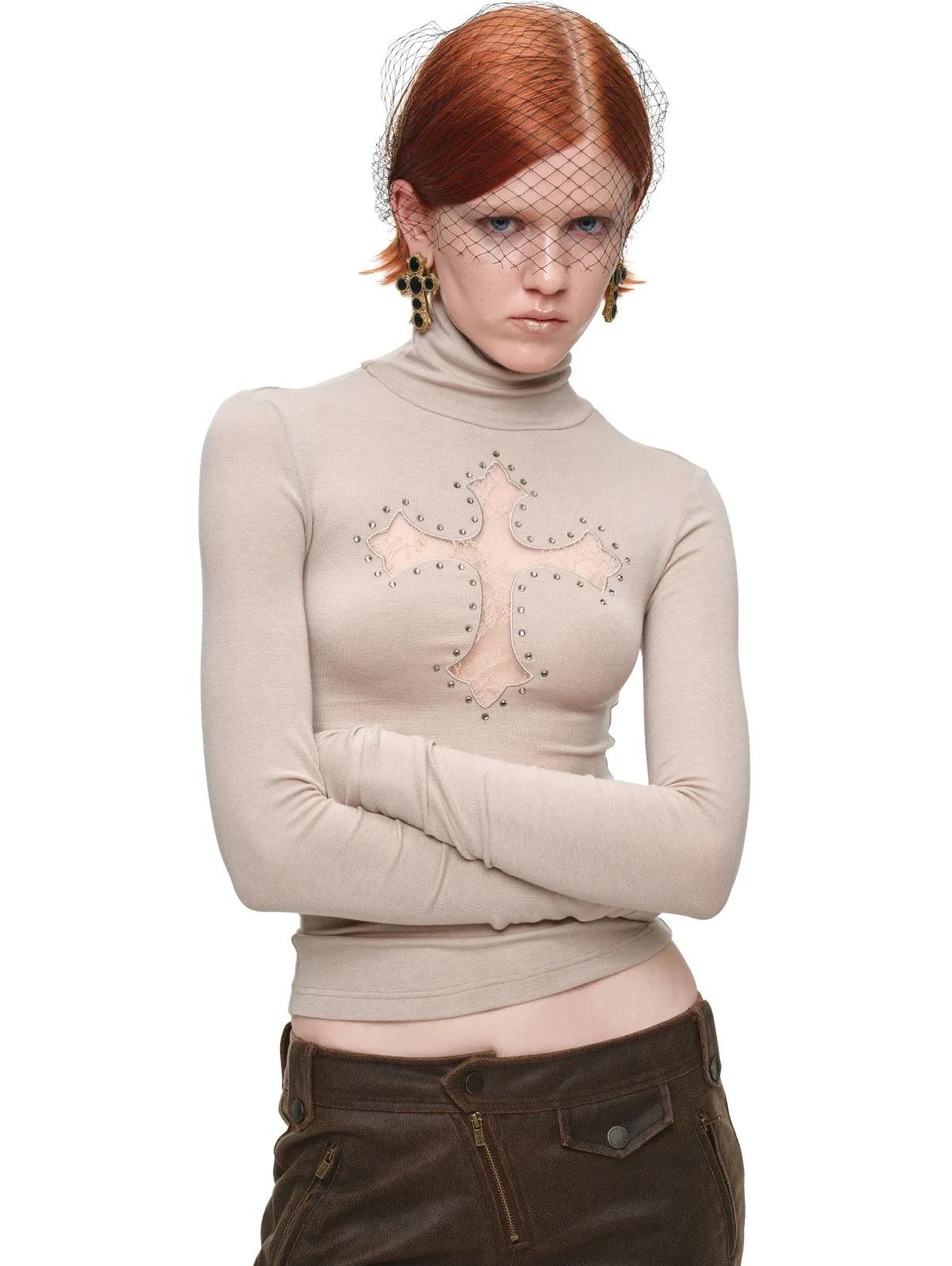 1JINN lace cross rhinestone turtleneck